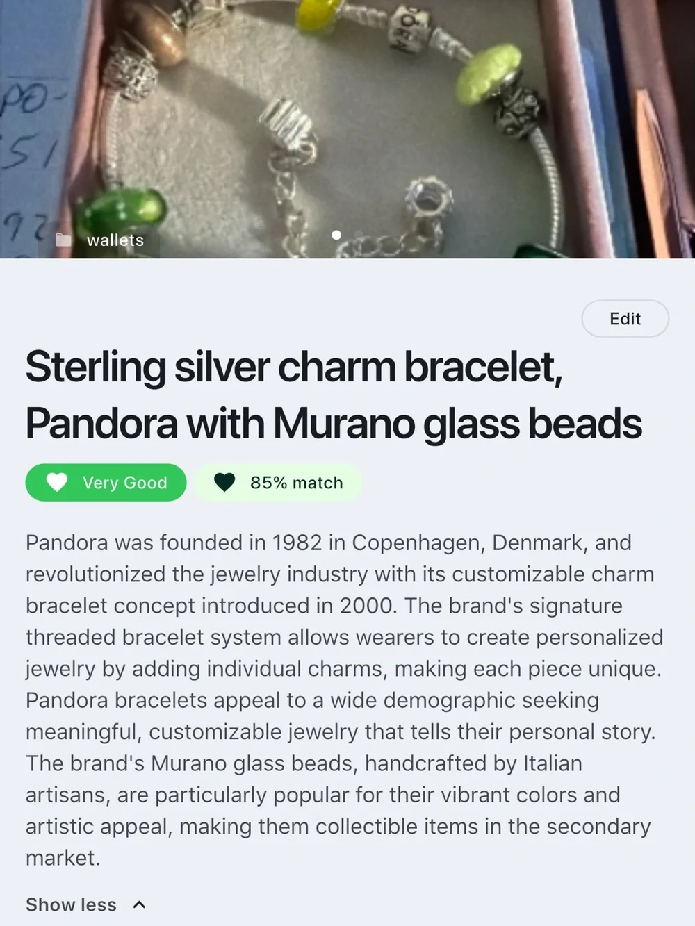 Pandora Sterling Silver Charm Bracelet with Green and Lime Murano Glass Beads